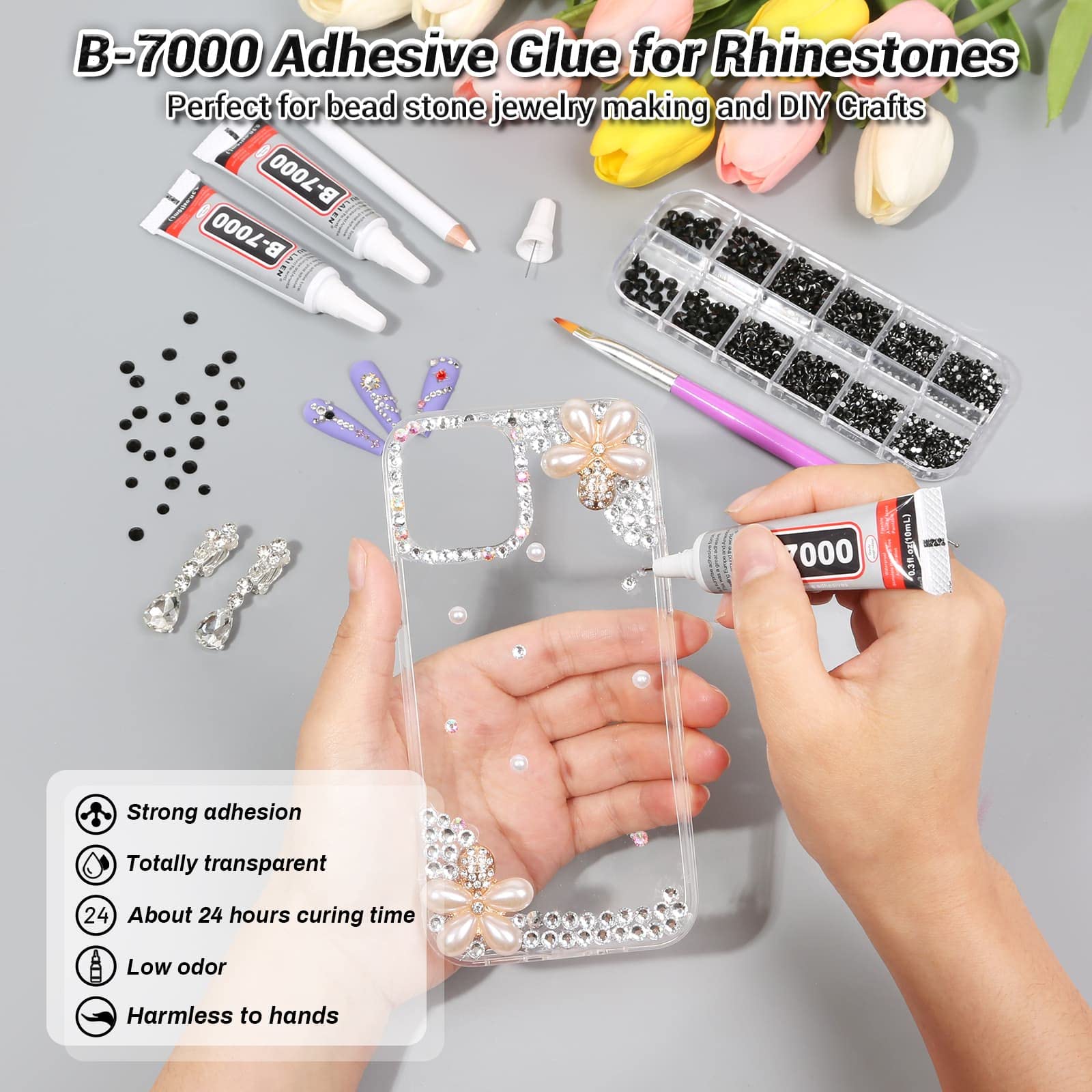 B7000 Rhinestones Glue with Blue Gems for Clothes,2000Pcs Flat Back  Rhinestones for Crafts Crystal with Dotting Tools Clear Glue for Fabric  Shoes Jewelry Making Nail Art Decoration 